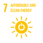 Icon representing Sustainable Development Goal 7: Affordable and Clean Energy, featuring a sun and power button in yellow.