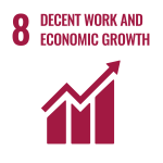 Icon representing Sustainable Development Goal 8: Decent Work and Economic Growth, featuring a rising graph and bold text.