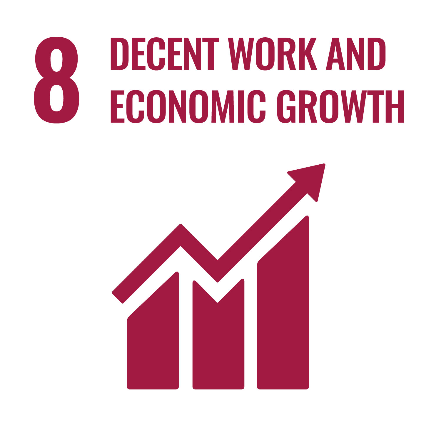 Icon representing Sustainable Development Goal 8: Decent Work and Economic Growth, featuring a rising graph and bold text.