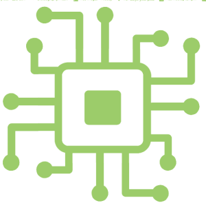 Green microchip design with multiple connection lines extending outward, symbolizing technology and connectivity.