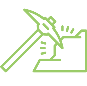 A green and white illustration depicting tools and icons related to gardening or landscaping, featuring a house plant and watering can.