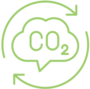 Illustration of a cloud with "CO₂," representing carbon dioxide, alongside arrows indicating carbon emission reduction and sustainability.